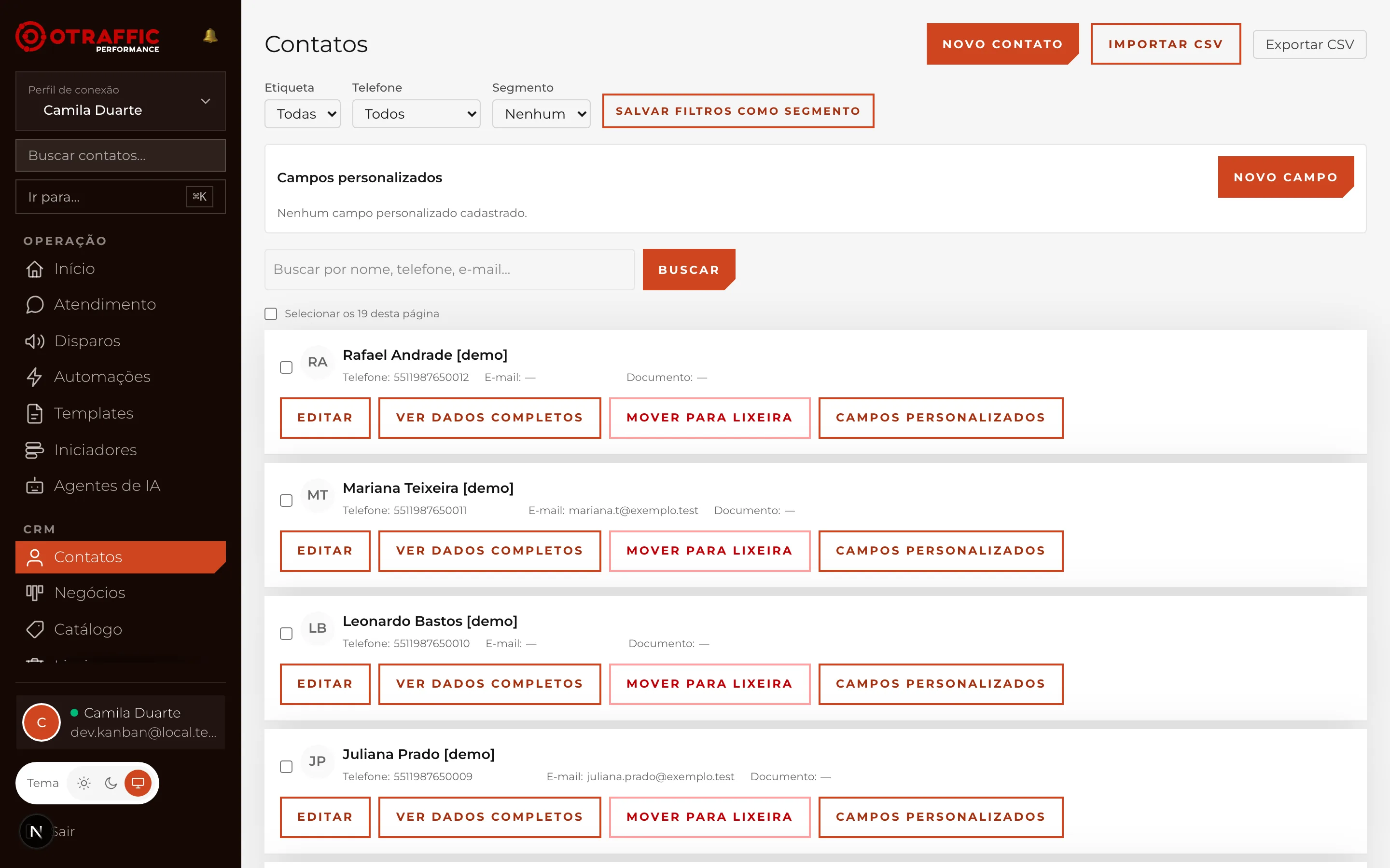 Lista de contatos com filtros, etiquetas e campos personalizados